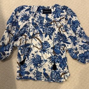 Samantha Sung Blue and White Bird Print Top